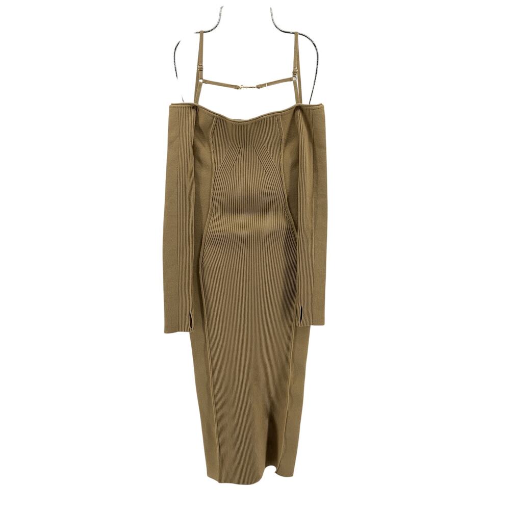 Jacquemus Embellished Ribbed Knit Sand Sierra Midi Dress Size FR 32 / US 0 - Picture 2 of 5